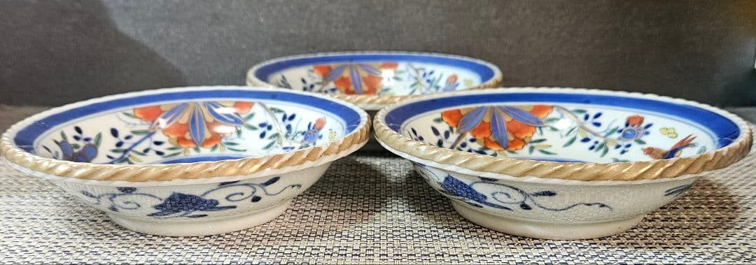 上作品❗】江戸末期　古伊万里　染錦　見込に鹿　花に鳳凰　15.3cm膾皿深皿3客