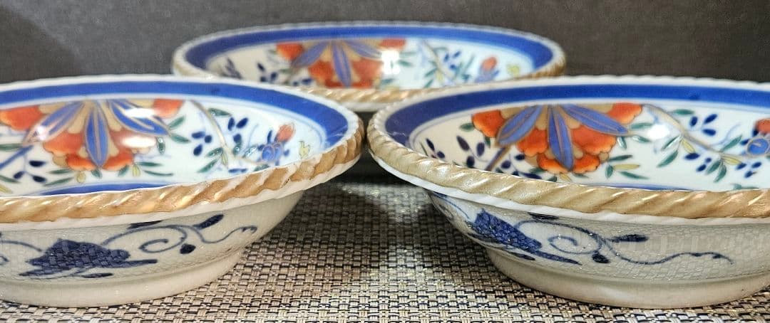 上作品❗】江戸末期　古伊万里　染錦　見込に鹿　花に鳳凰　15.3cm膾皿深皿3客