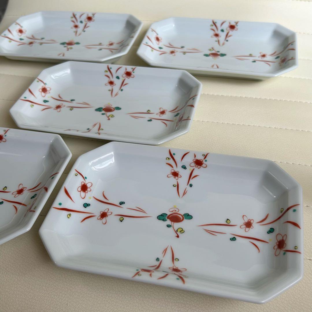 有田焼　赤絵　花つなぎ　長角皿揃　５枚セット　銘々皿　取り皿　八角皿　白磁和食器
