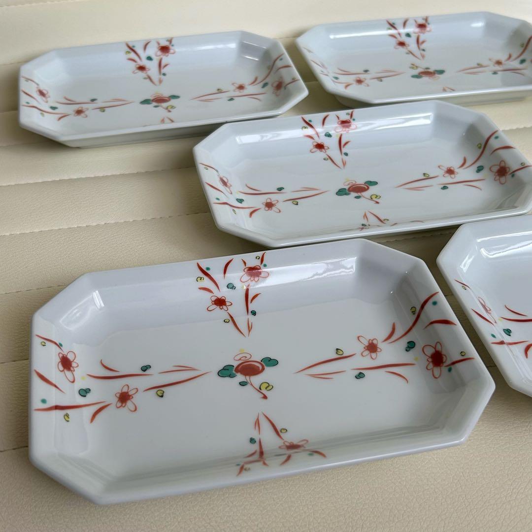 有田焼　赤絵　花つなぎ　長角皿揃　５枚セット　銘々皿　取り皿　八角皿　白磁和食器