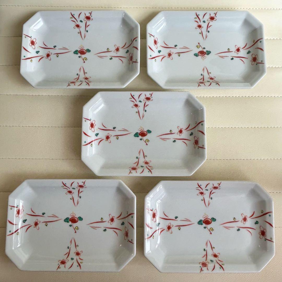 有田焼　赤絵　花つなぎ　長角皿揃　５枚セット　銘々皿　取り皿　八角皿　白磁和食器