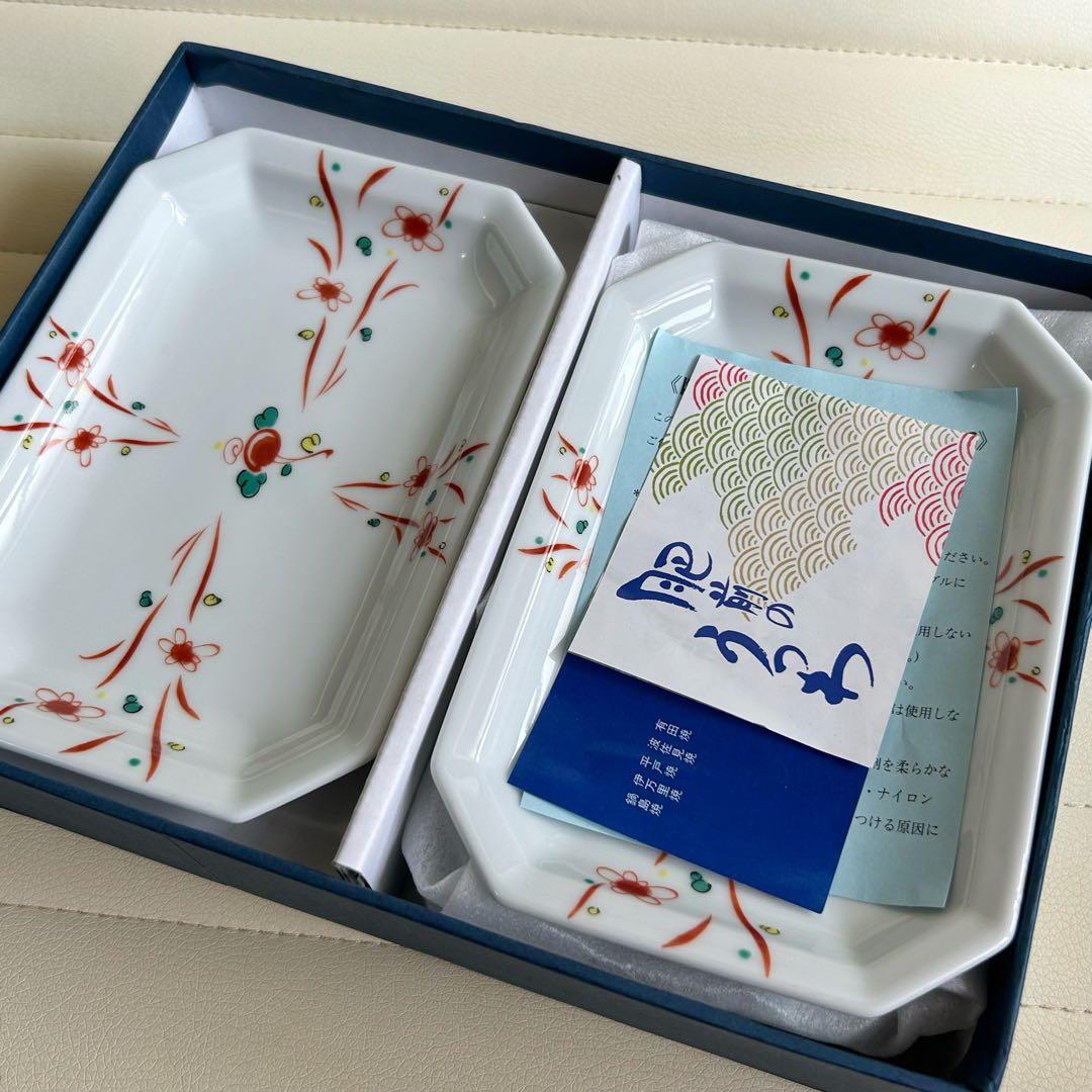 有田焼　赤絵　花つなぎ　長角皿揃　５枚セット　銘々皿　取り皿　八角皿　白磁和食器