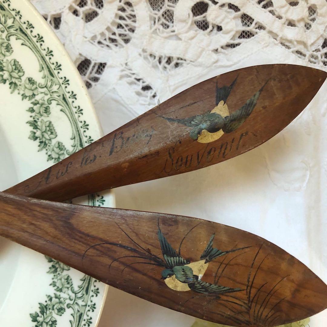 つばめ柄　木製カトラリー　スプーン＆フォーク　モシュリンヌ　フランスアンティーク