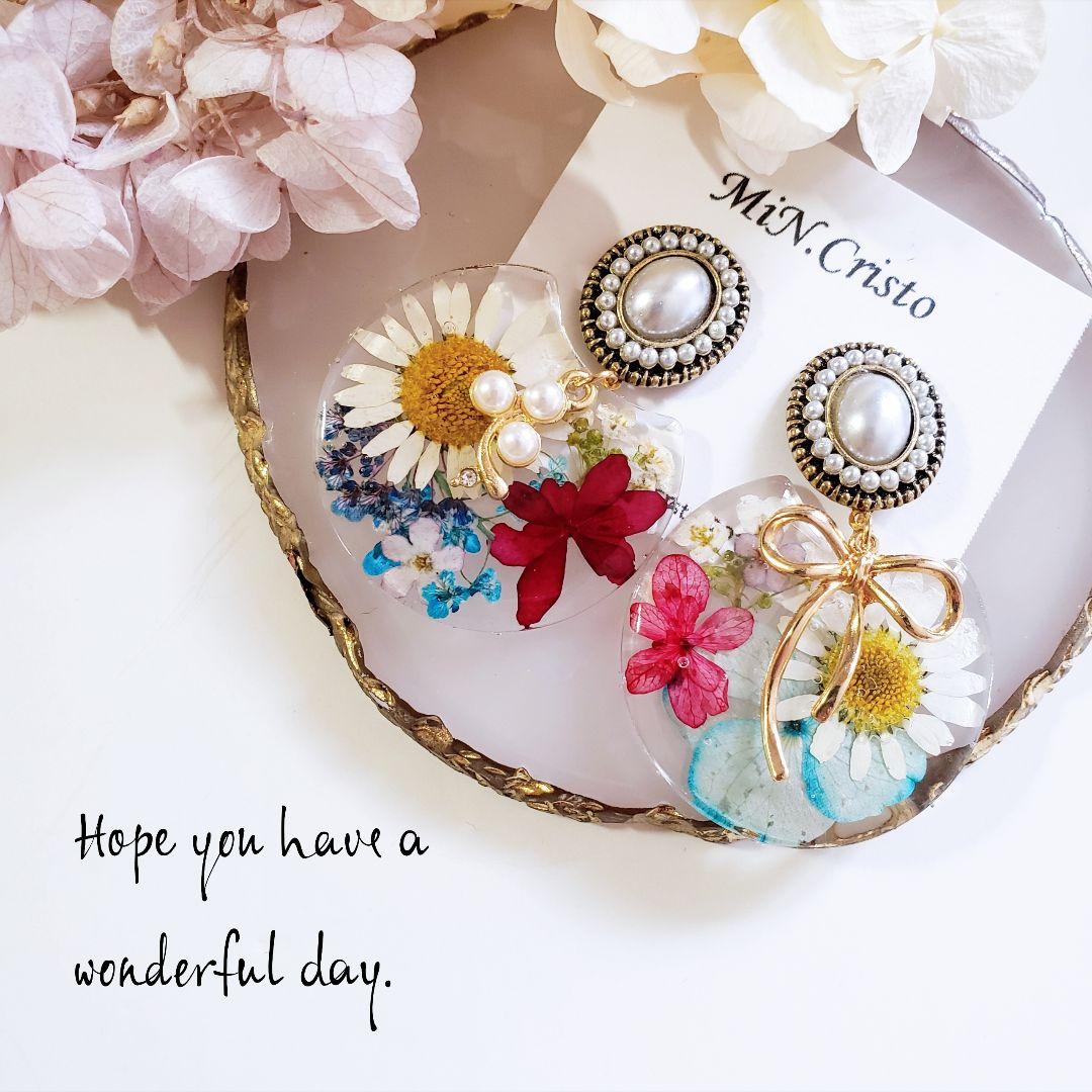 1308 花 ドライフラワー パール 華やか ピアス イヤリング 大ぶり