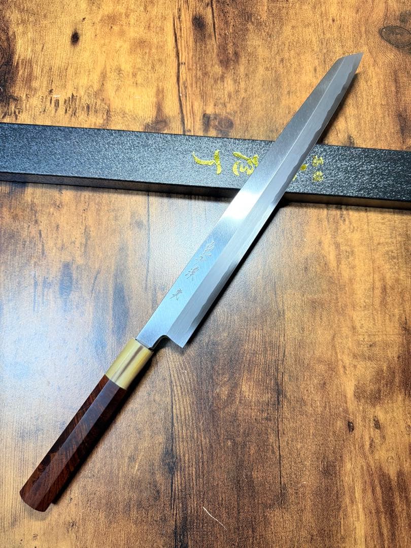 【堺打刃物】森本光一作　刺身 切付　青鋼　紋鍛錬 尺一寸　紫檀白水牛八角柄