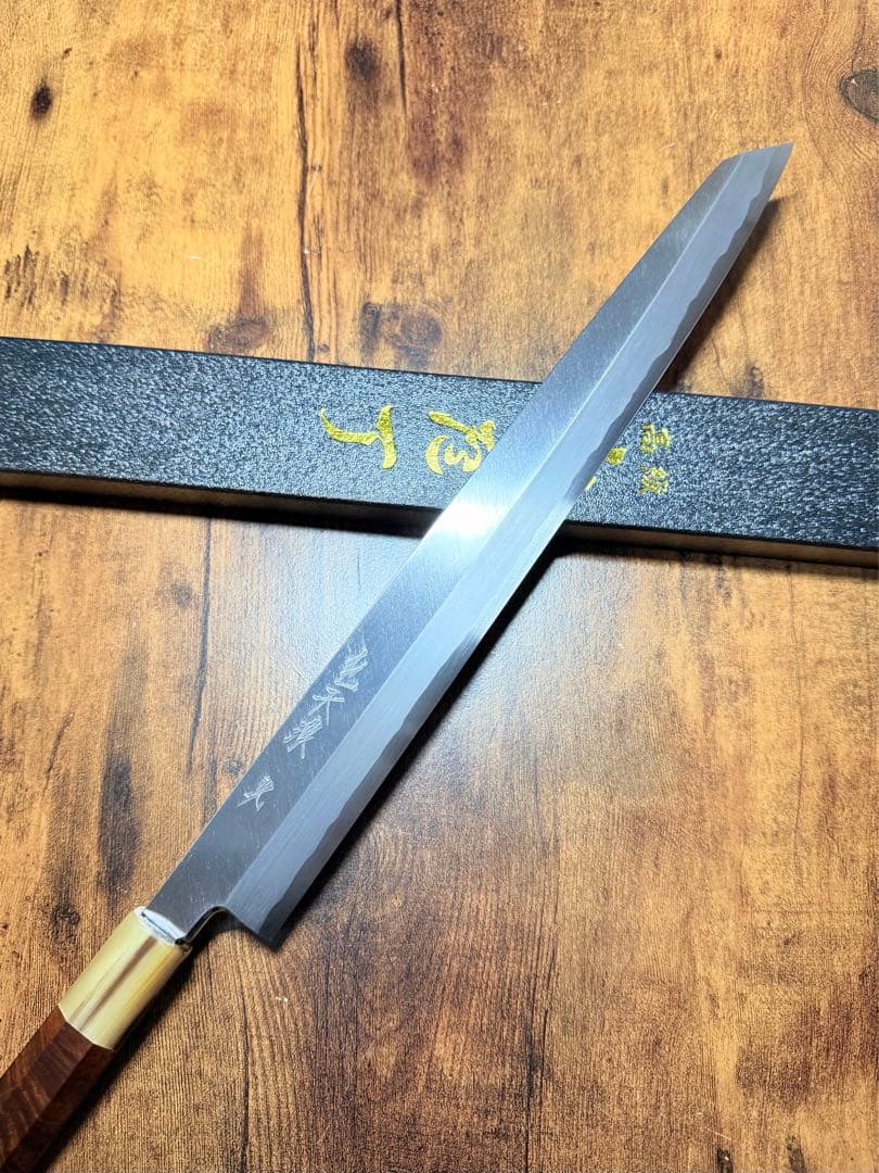 【堺打刃物】森本光一作　刺身 切付　青鋼　紋鍛錬 尺一寸　紫檀白水牛八角柄