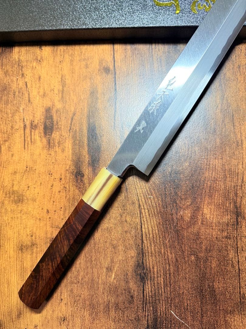 【堺打刃物】森本光一作　刺身 切付　青鋼　紋鍛錬 尺一寸　紫檀白水牛八角柄