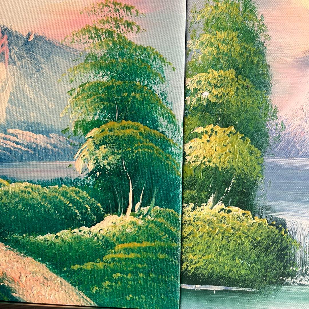 手書き油絵 ３枚組 朝日と山河 額付 額付き 絵画 インテリア 油彩画