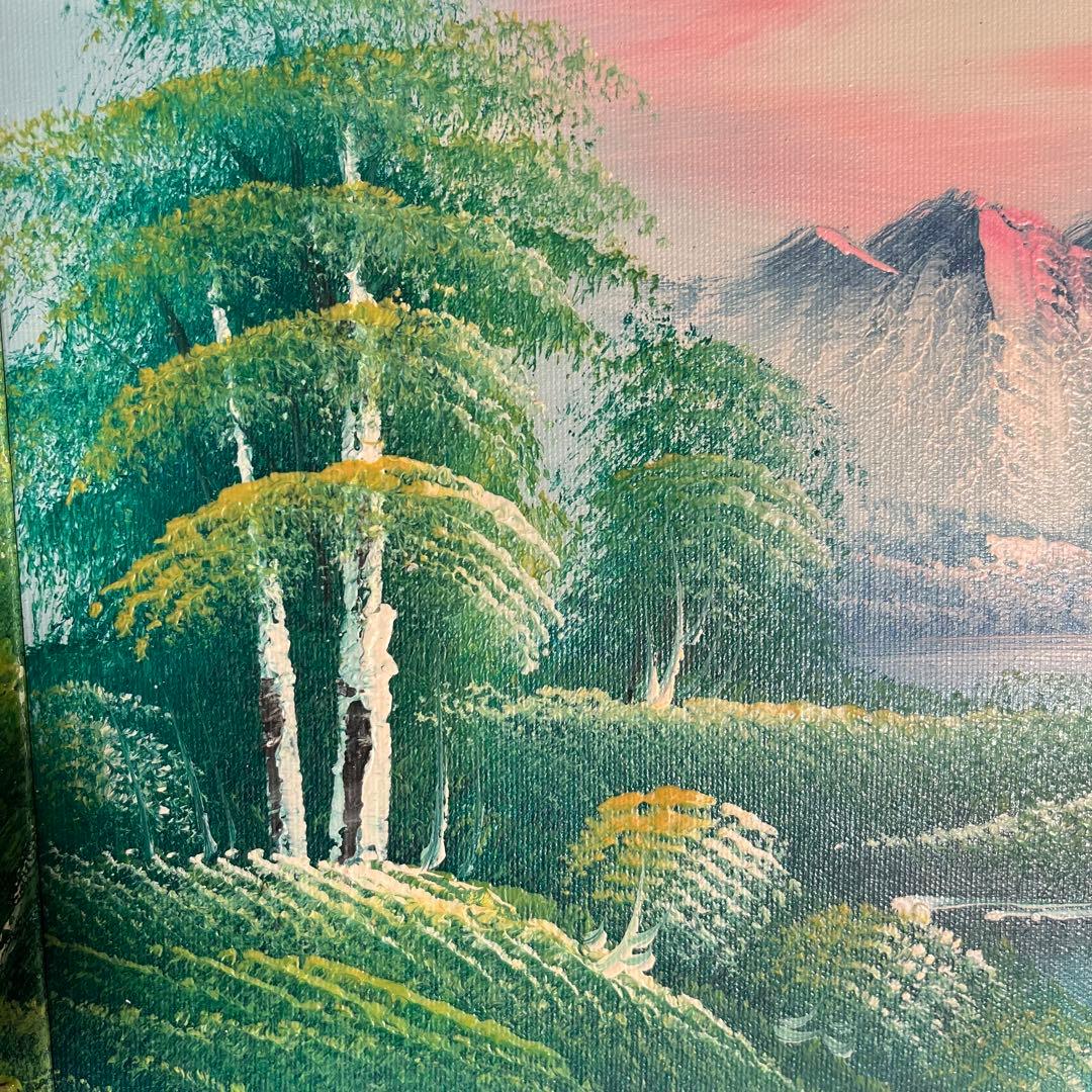 手書き油絵 ３枚組 朝日と山河 額付 額付き 絵画 インテリア 油彩画