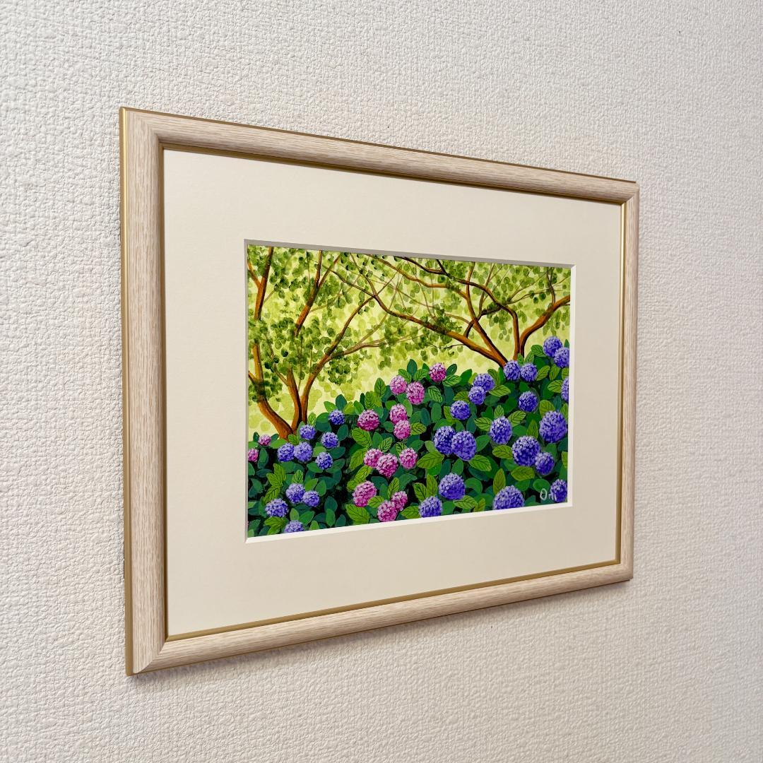 アクリル画　原画　「紫陽花02」額縁付　SMサイズ　風景画