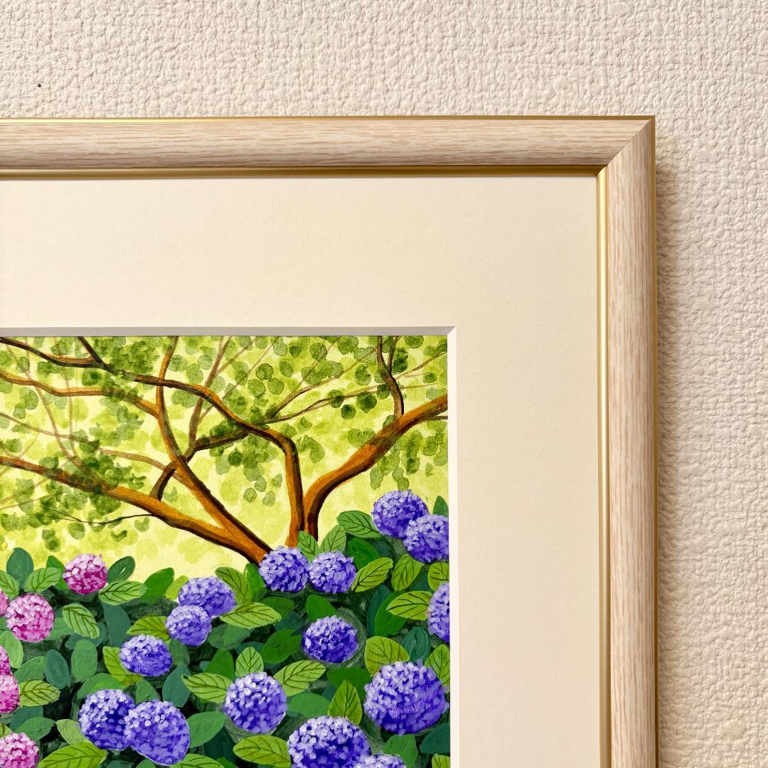 アクリル画　原画　「紫陽花02」額縁付　SMサイズ　風景画
