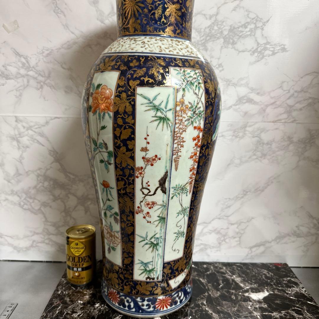 献上手、在名、特大、50センチ、古伊万里、金彩花鳥、人物、図、大花瓶。