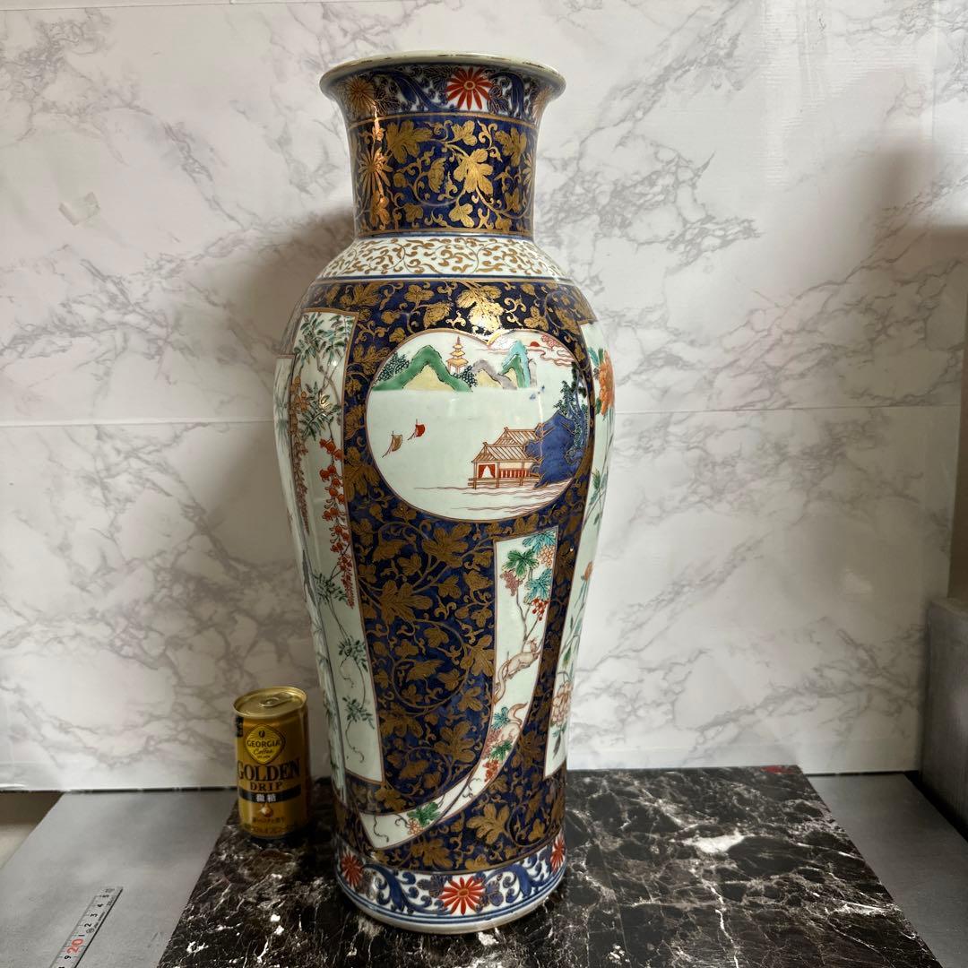献上手、在名、特大、50センチ、古伊万里、金彩花鳥、人物、図、大花瓶。