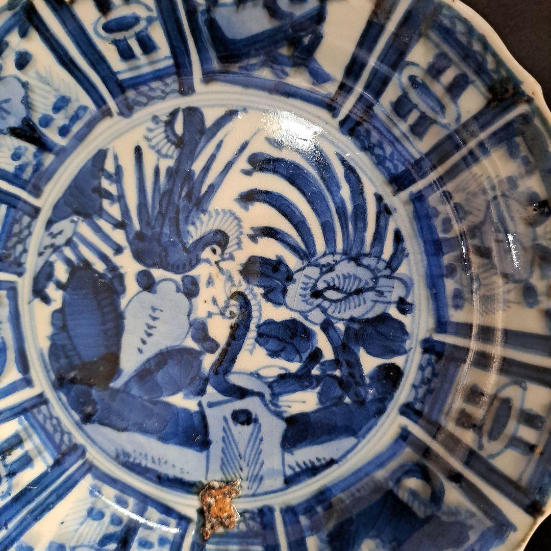 古伊万里初期　呉須染付 輪花鉢　極上祥瑞　孔雀牡丹図 　芙蓉手深皿　窯傷有り