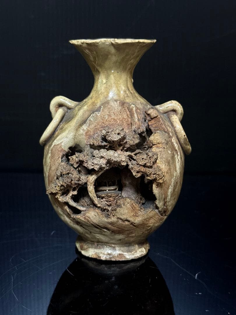 超絶技巧 宮島 一角 造 楼閣山水図 耳付 花瓶 共箱付 茶道具