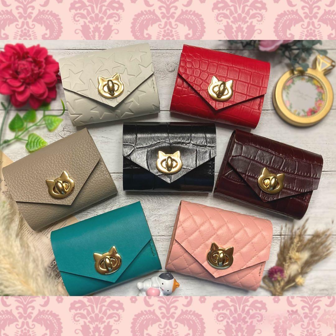 ❤【可愛さ×高級感♪】お洒落可愛い猫の総本革コンパクトミニ財布♪大人グレージュ