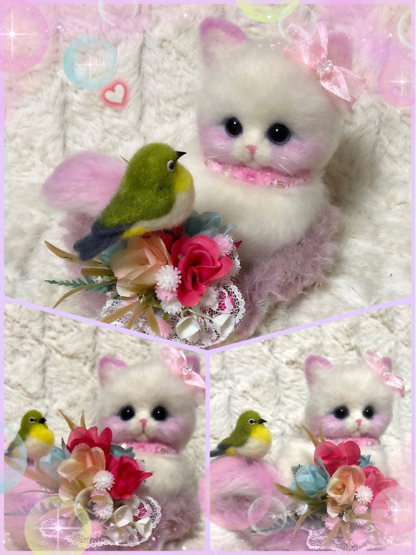羊毛フェルト。猫。メジロ。お花見。桜
