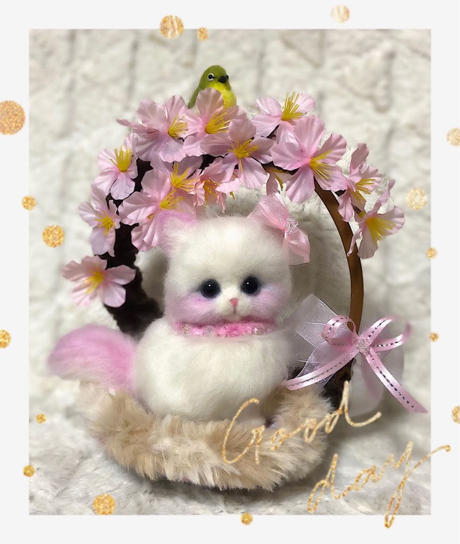羊毛フェルト。猫。メジロ。お花見。桜