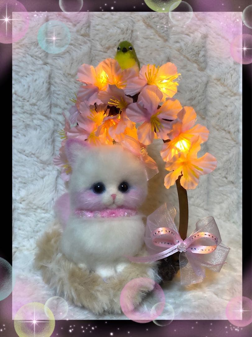 羊毛フェルト。猫。メジロ。お花見。桜