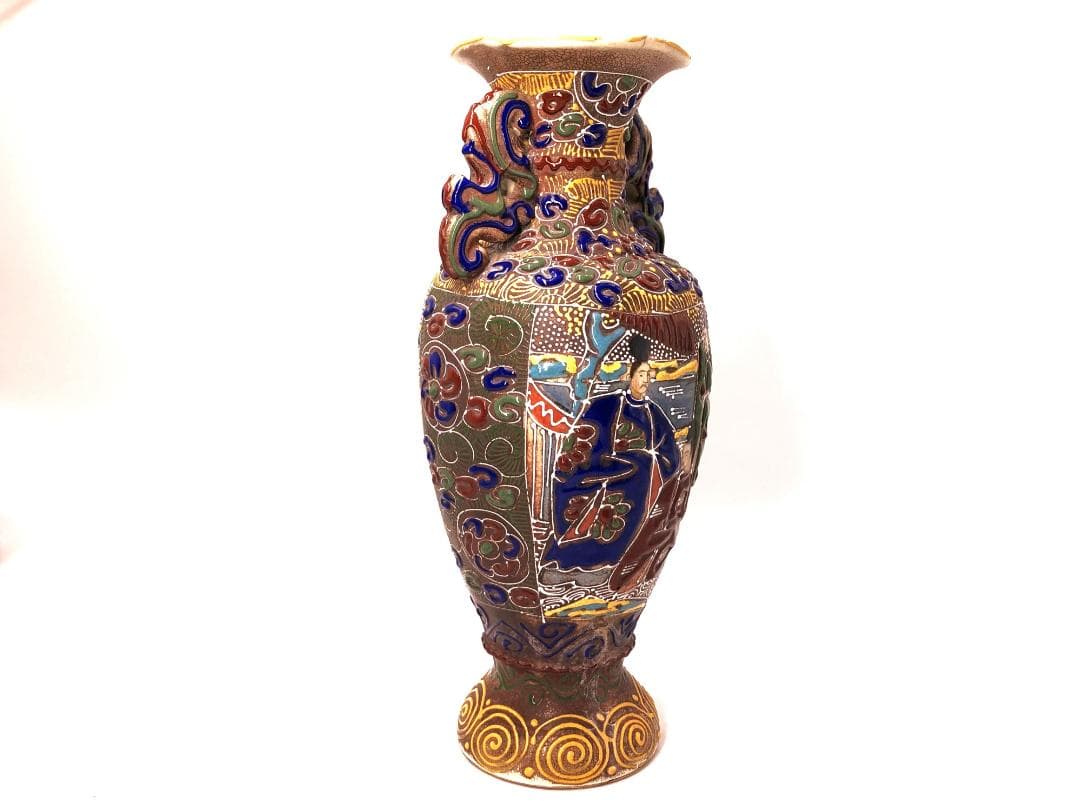 【 薩摩焼 粉彩貴人図双耳花生 】　高３１．５ｃｍ　明治初期
