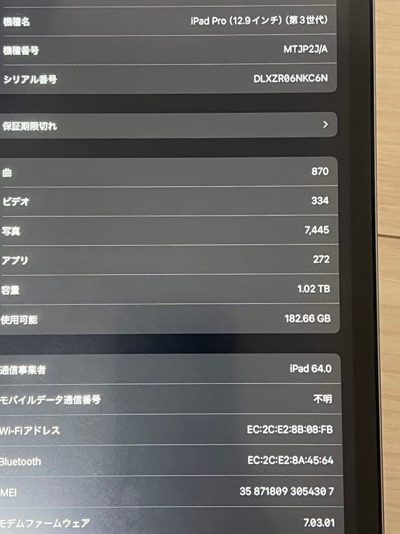 美品　iPad Pro 12.9インチ　1TB セルラー　スペースグレー