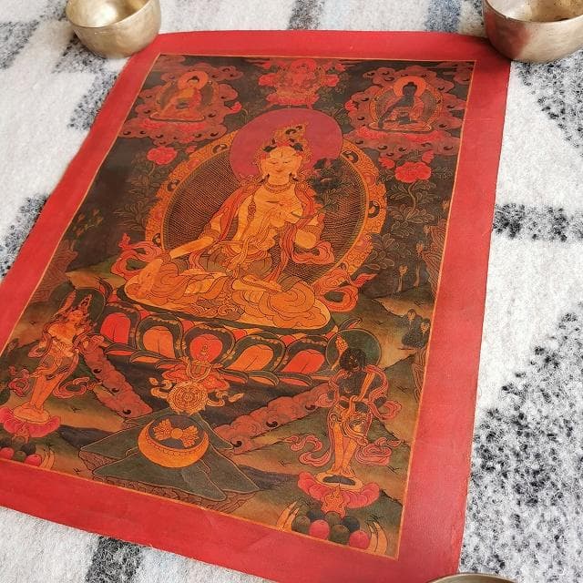 ホワイトターラー　大　観音様の涙の化身・白多羅菩薩：　タンカ　仏画（額縁なし）