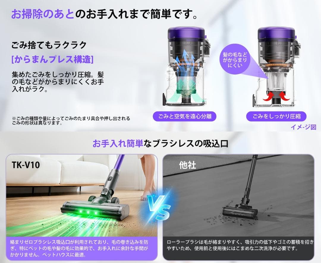 業界トップレベルの90KPa超強力吸引 掃除機 コードレス AI汚れ自動検知