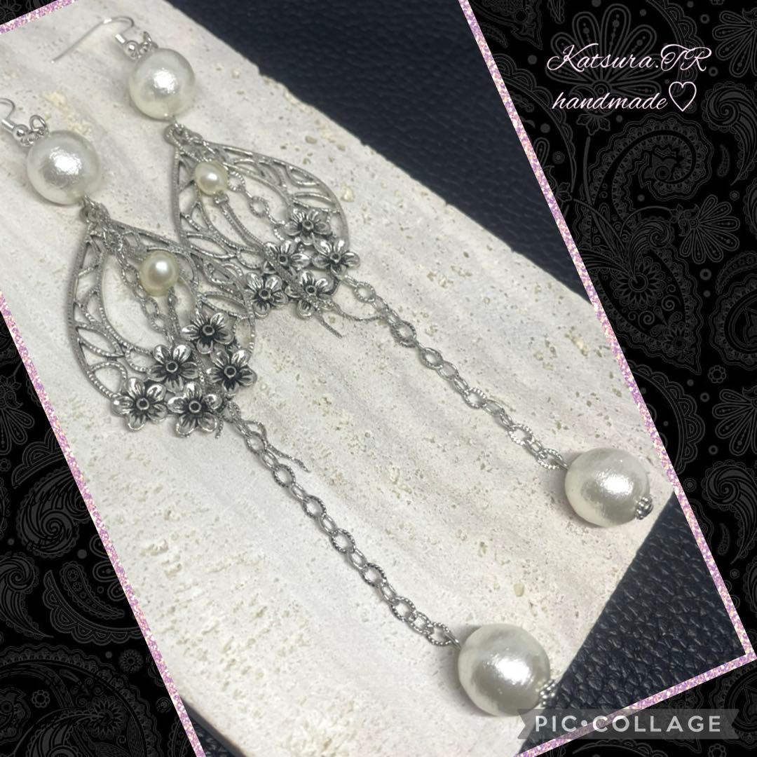 No.1130 ヴィンテージシルバーとコットンパール のチェーンロングピアス