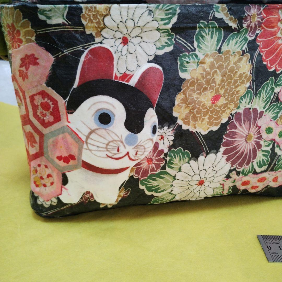 一閑張りバッグ　犬張子　花　黒　ハンドメイド