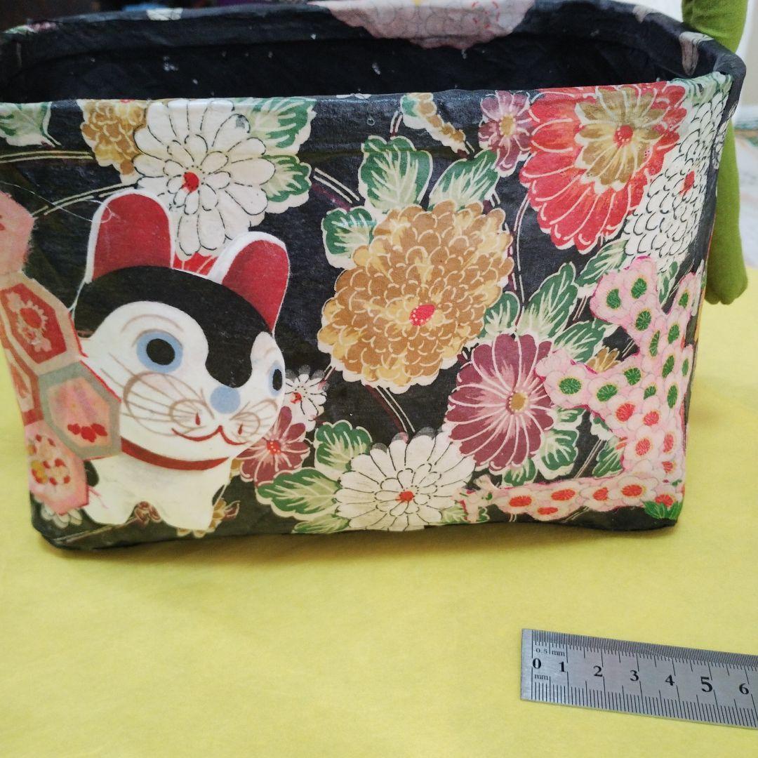 一閑張りバッグ　犬張子　花　黒　ハンドメイド