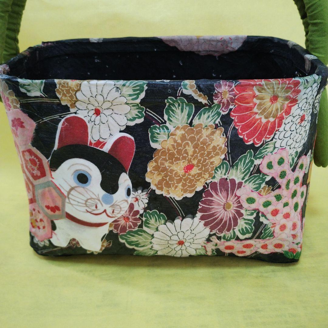 一閑張りバッグ　犬張子　花　黒　ハンドメイド