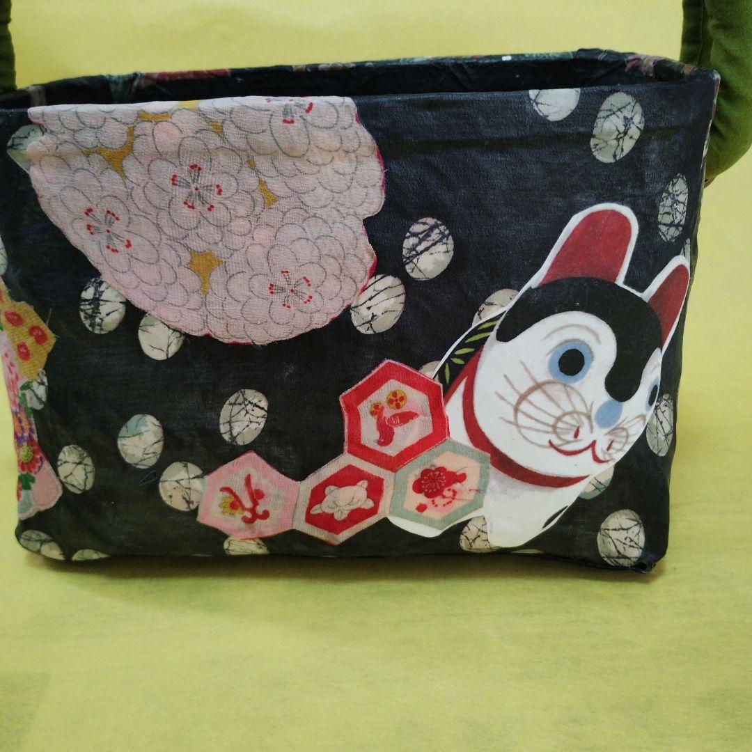一閑張りバッグ　犬張子　花　黒　ハンドメイド