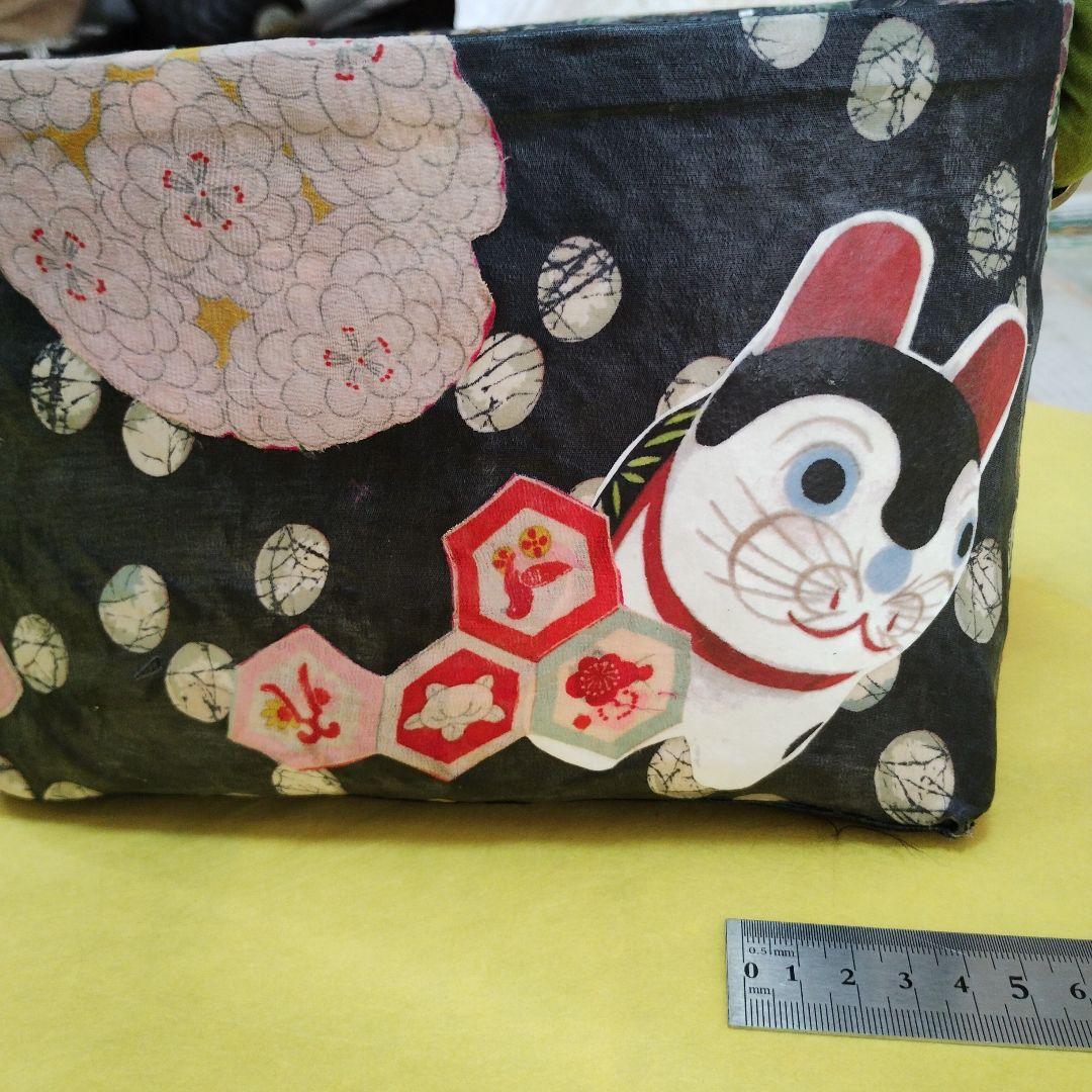 一閑張りバッグ　犬張子　花　黒　ハンドメイド