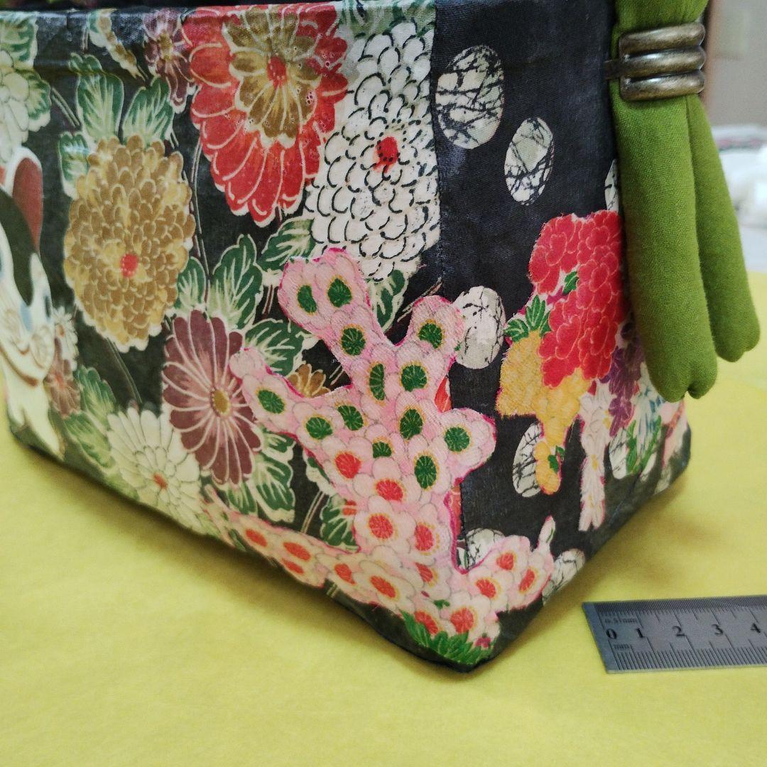 一閑張りバッグ　犬張子　花　黒　ハンドメイド