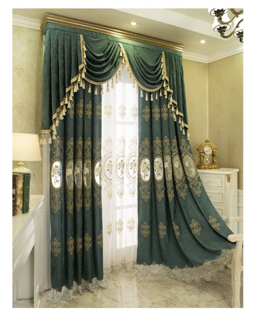 刺繍カーテン　グリーン　華な　カーテン　遮光カーテン　レースカーテン