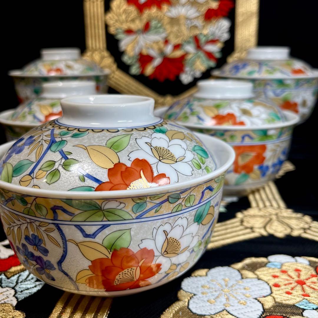 ✿夏の設えにも✿ 三洋陶器 南風窯 金彩 プラチナ銀彩 色絵草花紋 蓋付 小丼