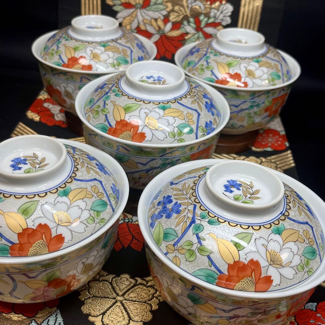 ✿夏の設えにも✿ 三洋陶器 南風窯 金彩 プラチナ銀彩 色絵草花紋 蓋付 小丼