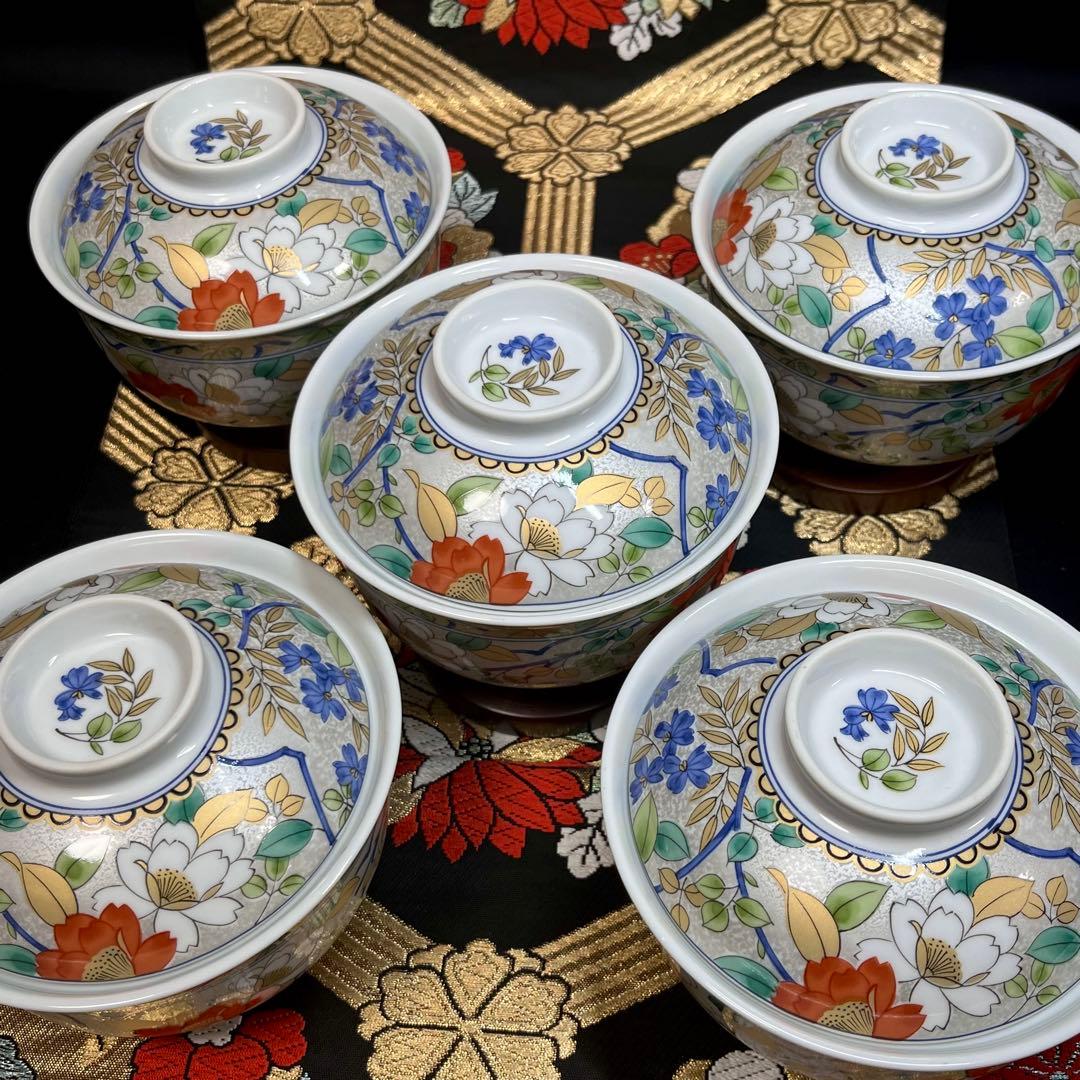 ✿夏の設えにも✿ 三洋陶器 南風窯 金彩 プラチナ銀彩 色絵草花紋 蓋付 小丼