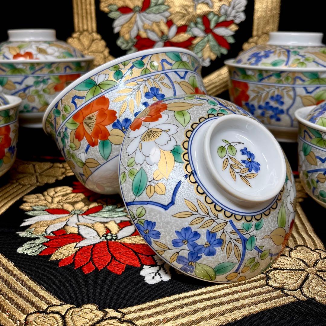 ✿夏の設えにも✿ 三洋陶器 南風窯 金彩 プラチナ銀彩 色絵草花紋 蓋付 小丼