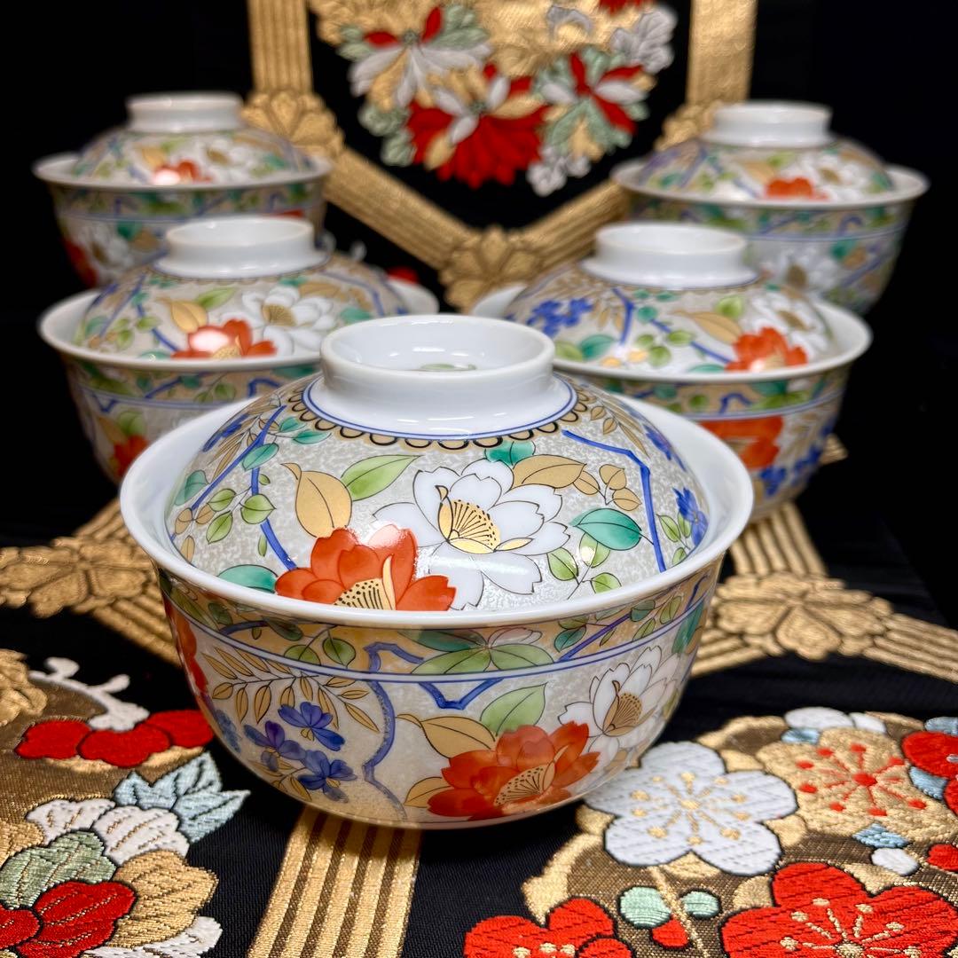✿夏の設えにも✿ 三洋陶器 南風窯 金彩 プラチナ銀彩 色絵草花紋 蓋付 小丼