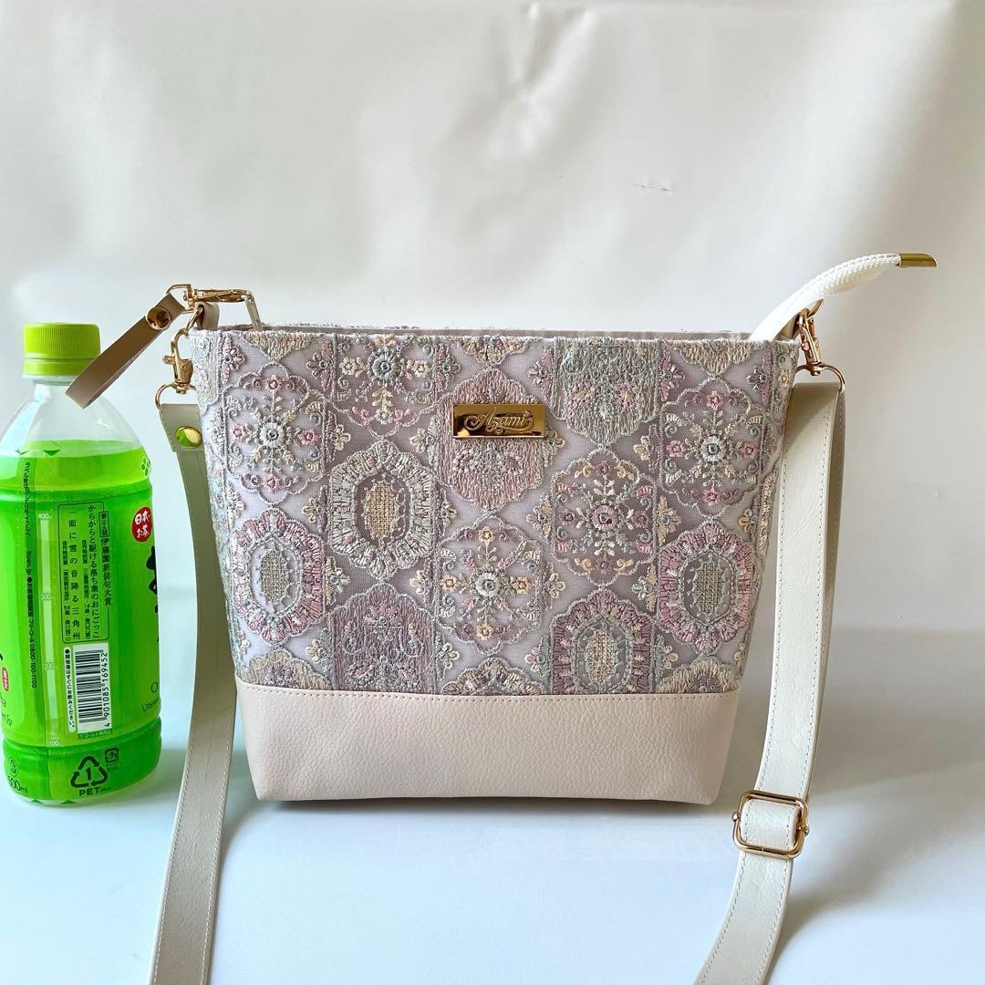 インド刺繍六角チュール生地ホワイトピンク系と合皮　ショルダーバッグ