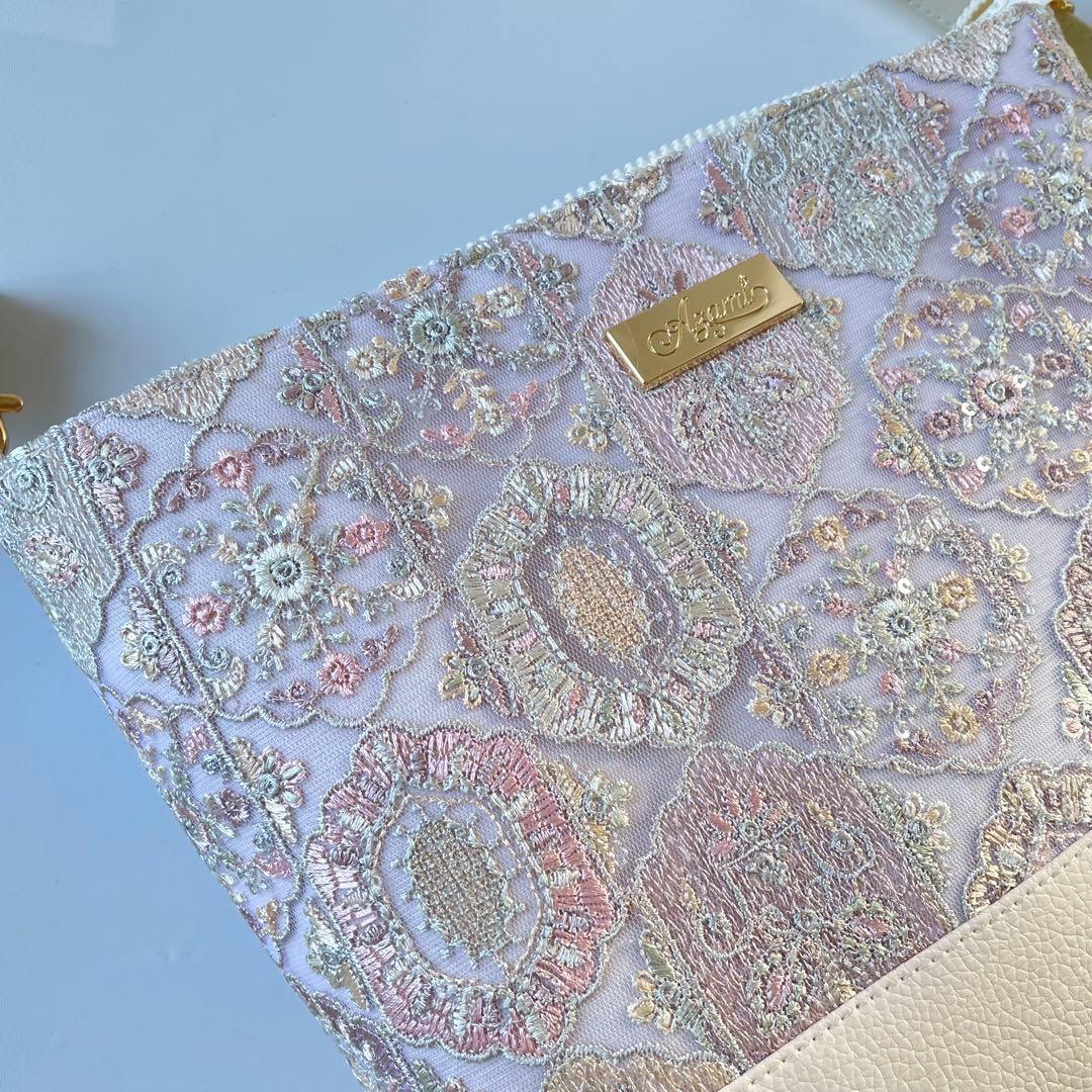 インド刺繍六角チュール生地ホワイトピンク系と合皮　ショルダーバッグ
