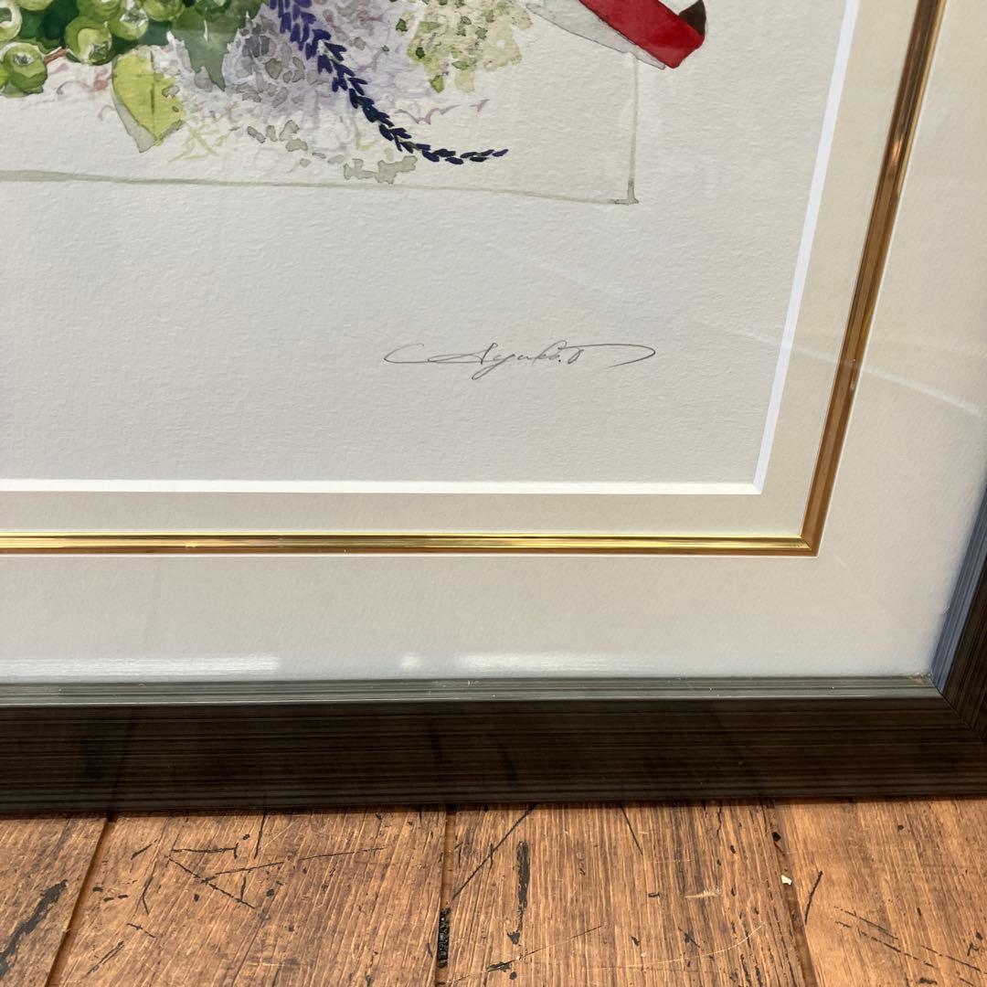 ブルーベリー リボン 花瓶 ガラス 複製画 琉球ガラス 植物 花イラスト 緑