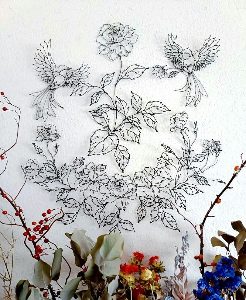 薔薇　小鳥　ワイヤーアート