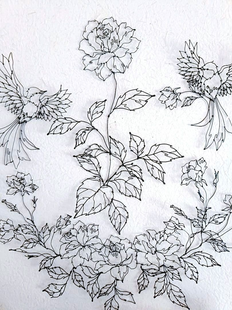 薔薇　小鳥　ワイヤーアート