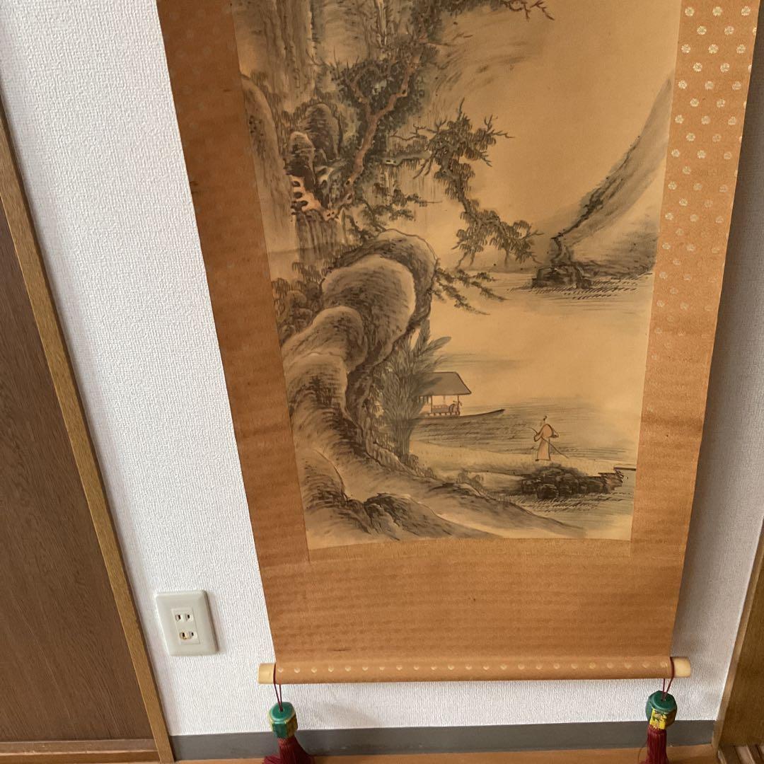 田能村直入 絹本着色山水画【高士観山水景図】 落款印譜在 合箱 模写