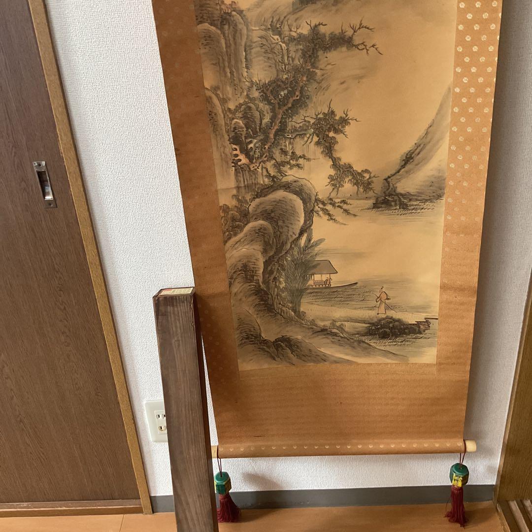 田能村直入 絹本着色山水画【高士観山水景図】 落款印譜在 合箱 模写