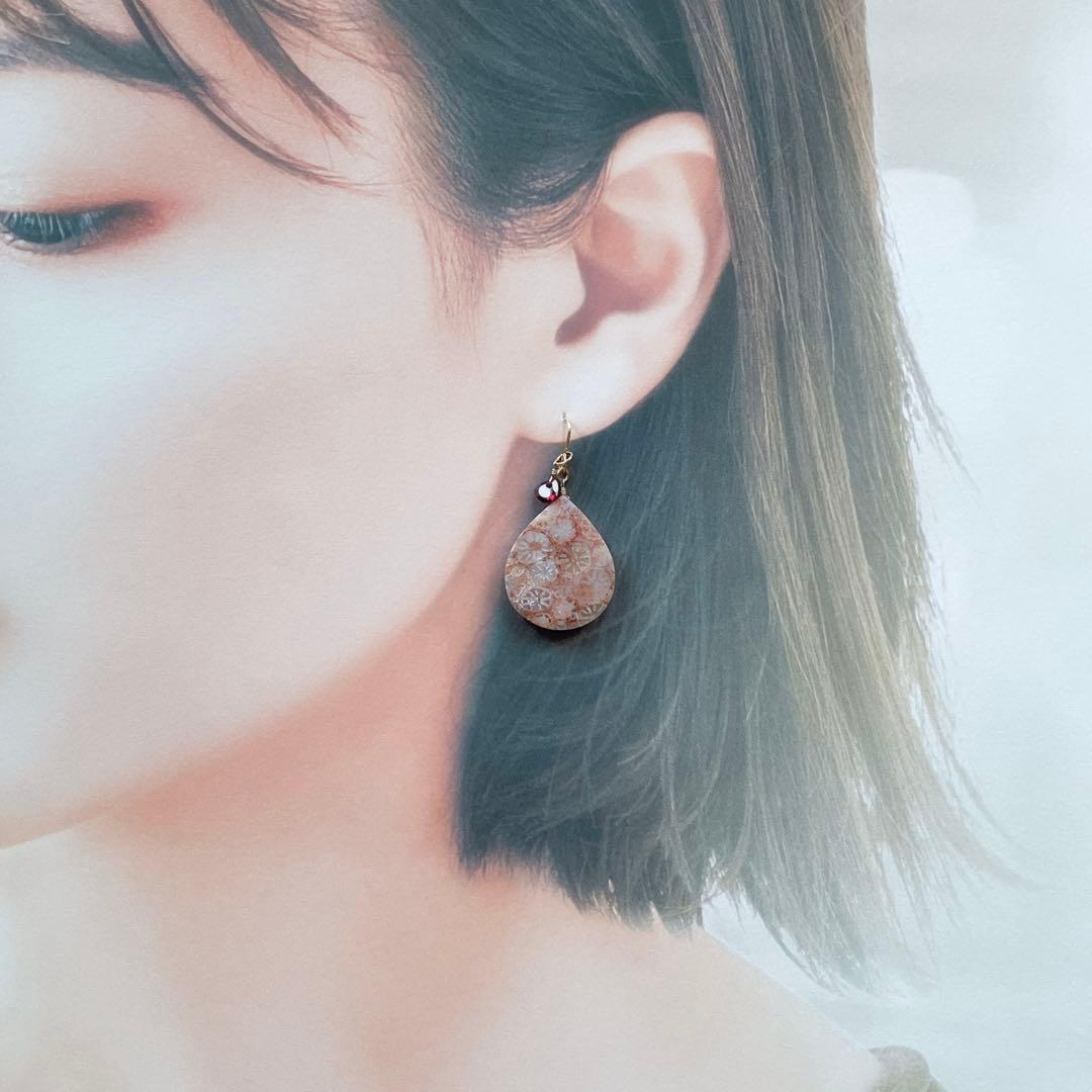 一点物✧ピンクフォッシルコーラル×ジェムカットガーネットピアス✧2Way