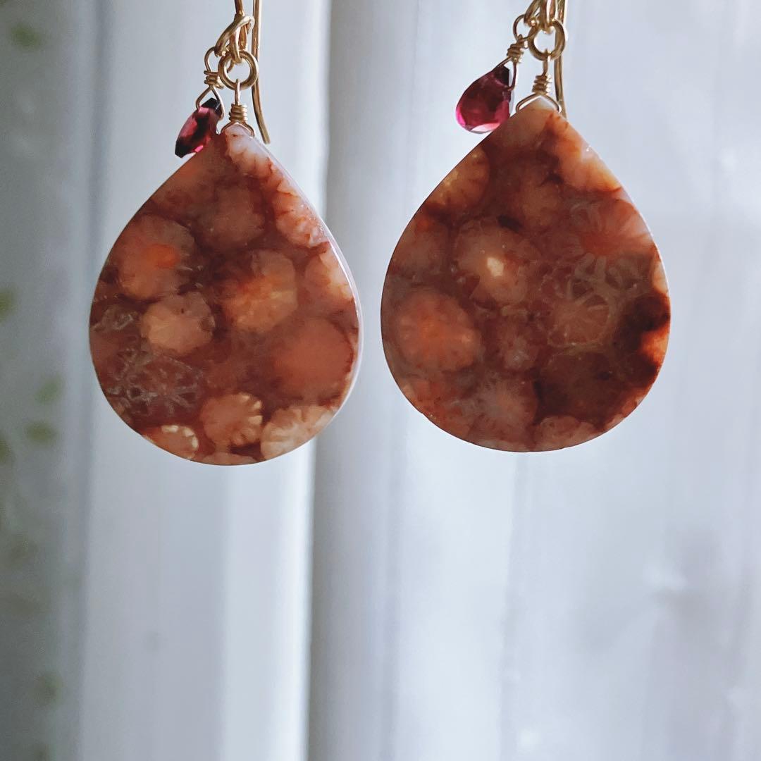 一点物✧ピンクフォッシルコーラル×ジェムカットガーネットピアス✧2Way