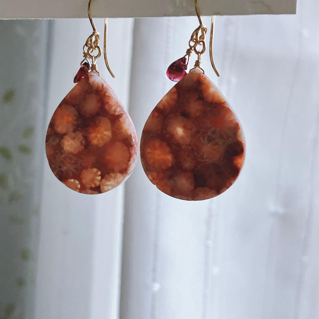 一点物✧ピンクフォッシルコーラル×ジェムカットガーネットピアス✧2Way